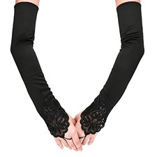 Fingerless Long Satin Gloves - 19 Inches Elbow Length Stretchy Opera Black