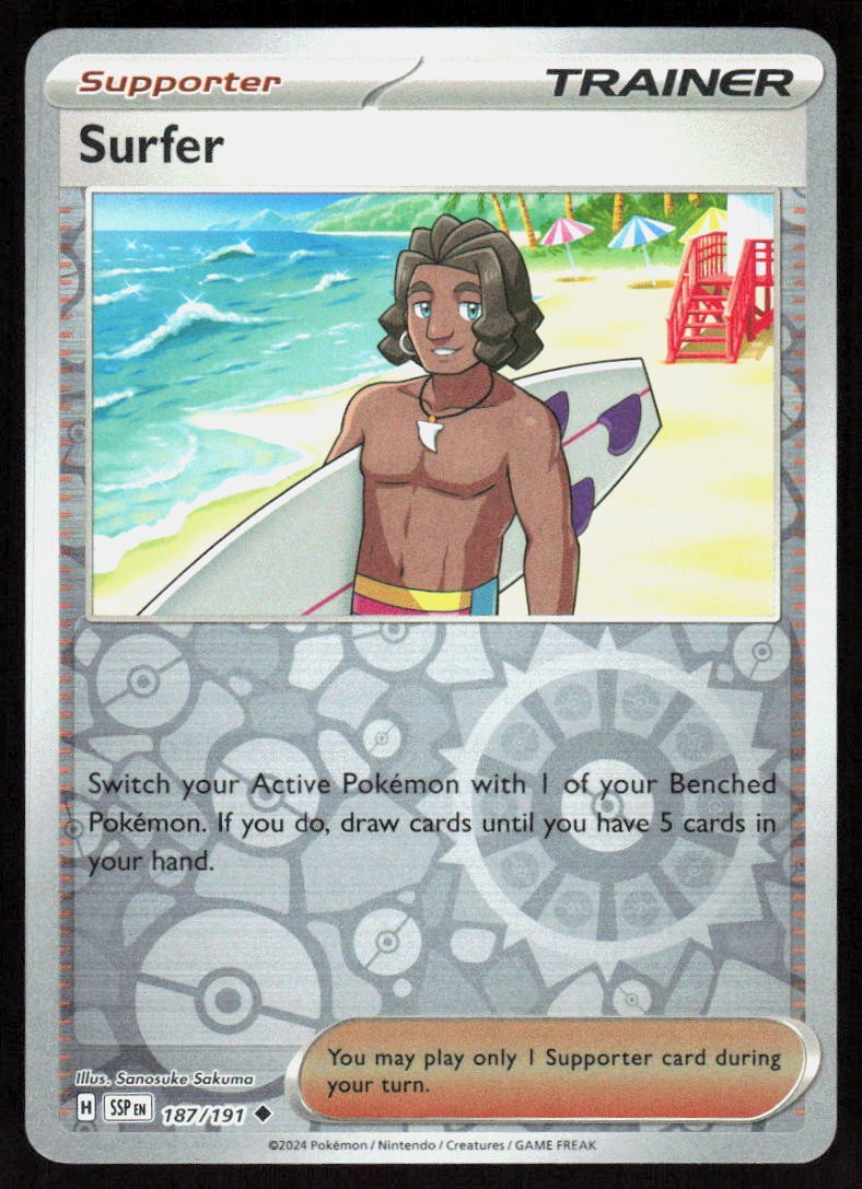 Surfer 187/191 Uncommon Surging Sparks Pokemon Reverse Holo Near Mint