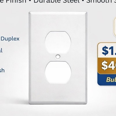 Box of 25 Metal Duplex Outlet Cover Plate 1-Gang Smooth White Wall Steel