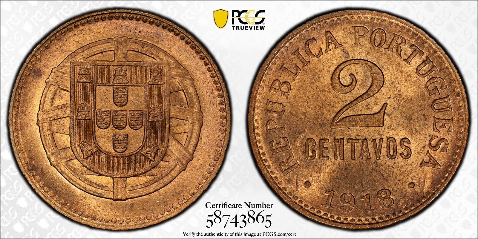 Portugal 1918 2 Centavos Bronze PCGS MS 64 RB