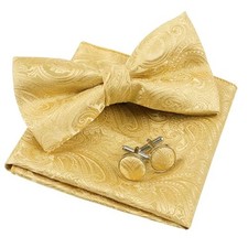 Mens Paisley Bow Tie, Pocket Square, Cufflinks Set Gold-1