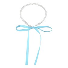 Boho Pearl Necklace for Women with Blue Ribbon Bow, Chokers Necklace