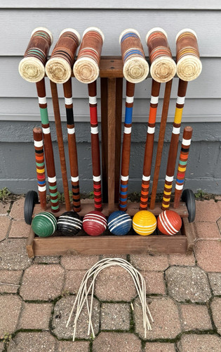 Vintage Forster Skowhegan Wood Croquet Set & Rolling Caddy 6 Player Made in USA