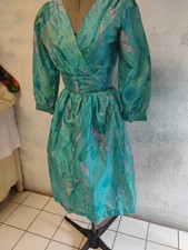 50s Vtg  Turquoise Floral Silk  knee-length dress Sz 2