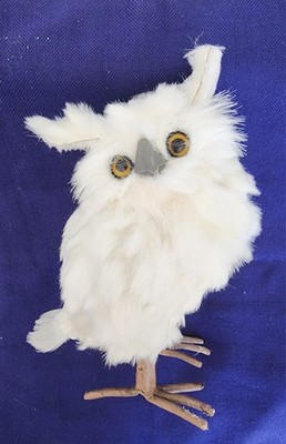 9'' Feathered Standing Owl With Snowy White, Faux Feathers