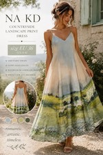NA-KD Countryside Landscape Print Satin Maxi Dress Cottagecore Size EU 36