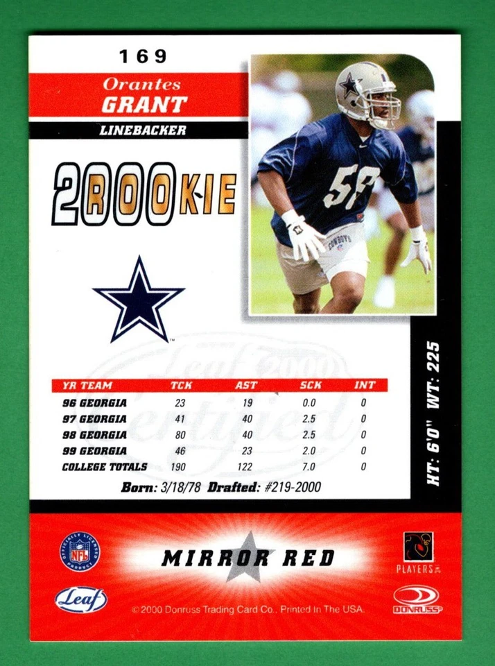2000 Leaf Certified Mirror Red #169 Orantes Grant Dallas Cowboys - Image 2 of 2
