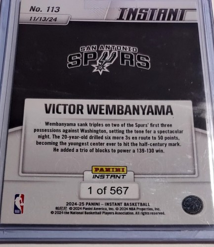 Victor Wembanyama 2024-25 Panini Instant NBA #113 Scores 50 For First Time /567 - Picture 4 of 4