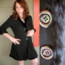 Anthropologie Love Stitch Black Wool Fur Trim Coat Retro Big Button Puff Slv M L