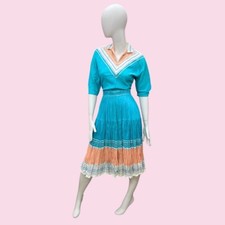 THUNDERBIRD Fashions 1950's Turquoise and Peach Silver Patio Set Top/ Skirt