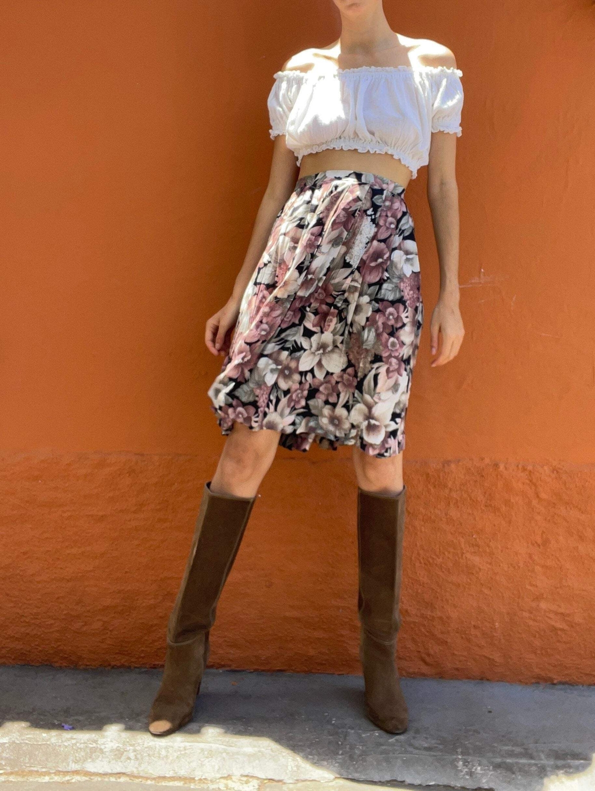 Vintage lightweight black floral summer skirt, Sweet cottage core midi skirt, Hi