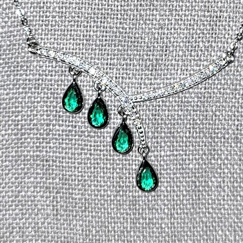 Aurora: Rhodium-plated .925 lab-created teardrop Emerald Necklace w/ pave - Picture 3 of 5