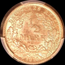 Germany 1915-A, 1/2 mark, old world silver coin PCGS MS64 toned