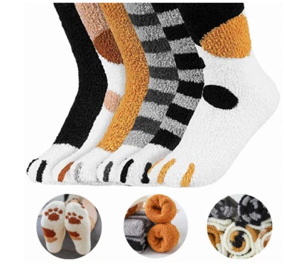 6PC Fluffy Cat Claw Sock Women Girl Plush Coral Fleece Thick Winter Floor Socks
