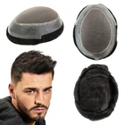 Mens Human Hair Replacement System Fine Mono Toupee PU Black Hairpiece #1B