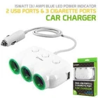 3 12 Volt Cigarette Outlet Adapter & 2 USB Outlet Extension for Smartphone 