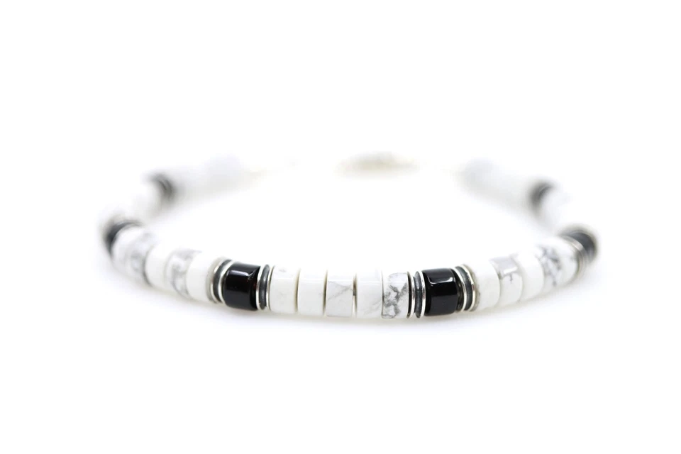 6mm Black Onyx & White Buffalo Howlite Heishi Beaded Gemstone Bracelet Jewelry - Image 3 of 4