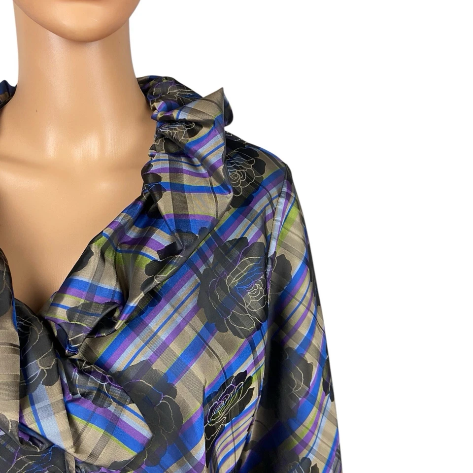 Blusa Top Samuel Dong Cuello Volantes Púrpura Azul Rosa Estampado Abotonada Talla Grande Foto 2 de 4