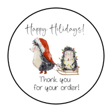 30 1.5" HAPPY HOLIDAYS HEDGEHOG, THANK YOU LABELS /SEALS ROUND STICKERS***