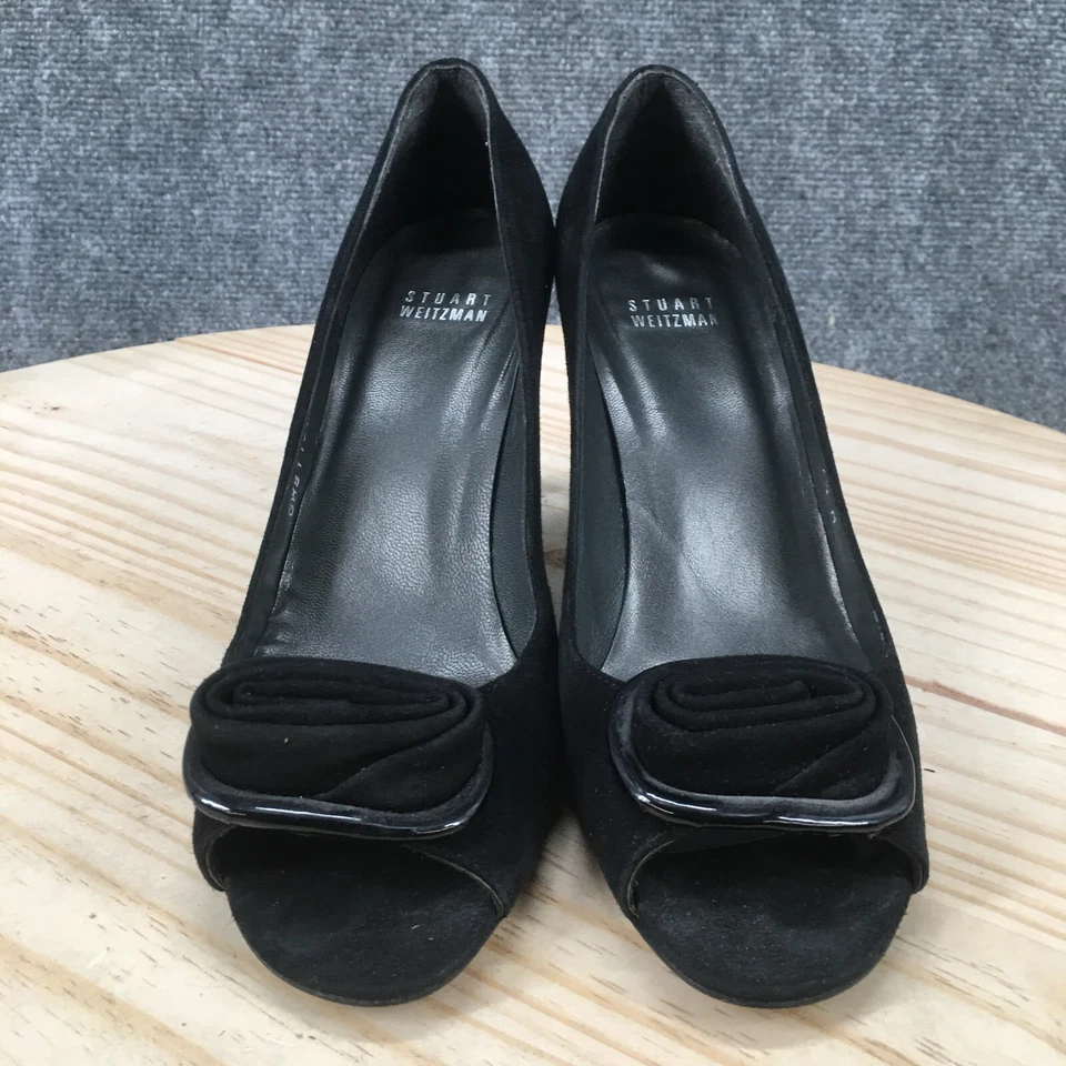 Sandalias Stuart Weitzman para mujer 7,5 M zapatos sin cordones negros gamuza tacones lazo punta abierta Foto 4 de 4