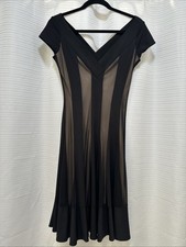 EUC MAGGY LONDON BLACK STRIPED DRESS SZ 2  V-NECK  SHEER STRECH WHIMSIGOTH  VTG