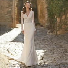 Wedding Dress Simple Satin Bridal Gown Lace Appliques VNeck Long Sleeves Mermaid