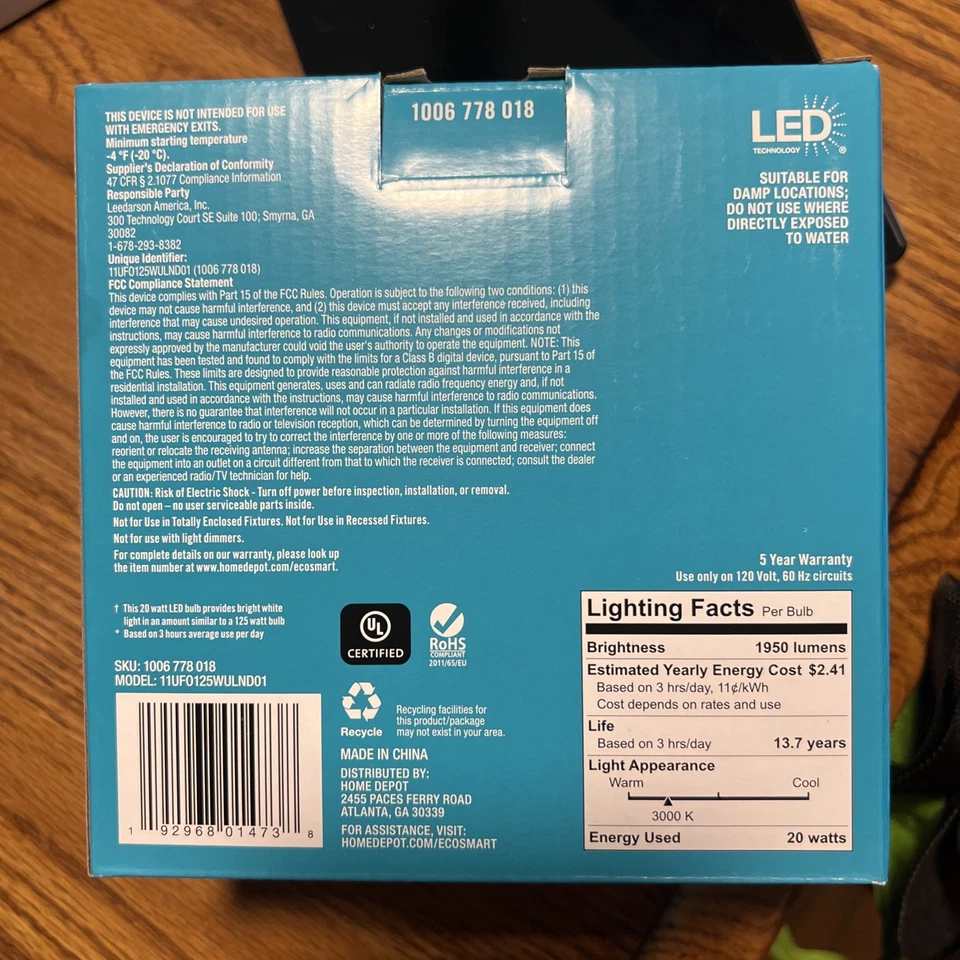 EcoSmart 11UFO125WULND01 125W 等效宽表面 LED 灯泡 1Pk 全新 — 第 3/4 张图片