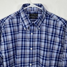 Lauren Ralph Lauren Stretch Button Down Dress Shirt 16.5 34/35 Large Blue Plaid