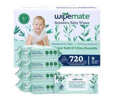 9 PACK Wipemate Baby Wipes Hypoallergenic Fragrance-Free Soft 80/Pack Total 720