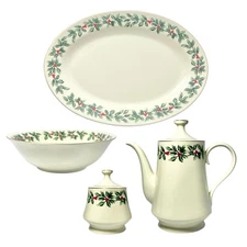 Baum Brothers “Holly” 4-Piece Porcelain Christmas Dinnerware Serving Hostess Set
