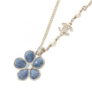 Authentic CHANEL Denim Flower Motif B26C Necklace Gold Plated Rhinestone Artificial pearl