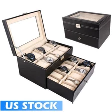 Mens Double Layer Watch Box 20 Grids Leather Display Case Jewelry Storage Holder