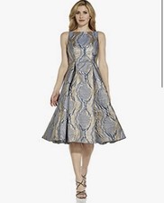 Adrianna Papell Pleated Metallic Brocade Fit & Flare Blue Gold Midi Dress Size 6