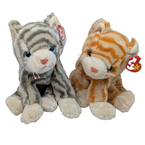Ty Beanie Buddy Cat Amber and Silver 1999 Tabby Striped Kitten Pair Set Lot TAGS