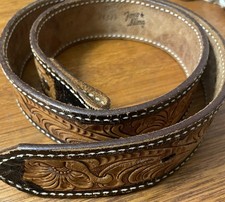 Vintage Tony Lama Floral Hand Tooled Brown  Black Trimmed Leather Belt Size 32