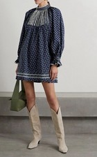 Doen Beatrice Dress Size Small S Crochet Lace Floral Organic Cotton Poplin Blue