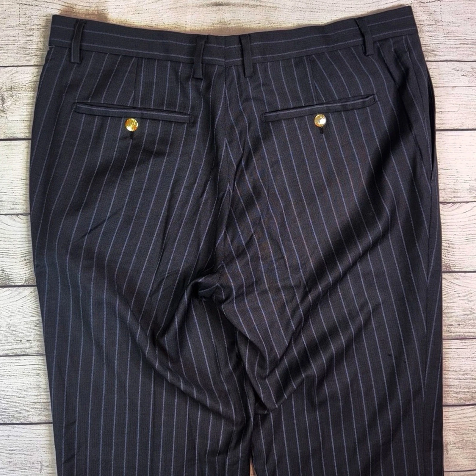 Versace Collection Pantalone Abito Uomo Nero Gessato Lana Tg IT 52 US Taglia 36