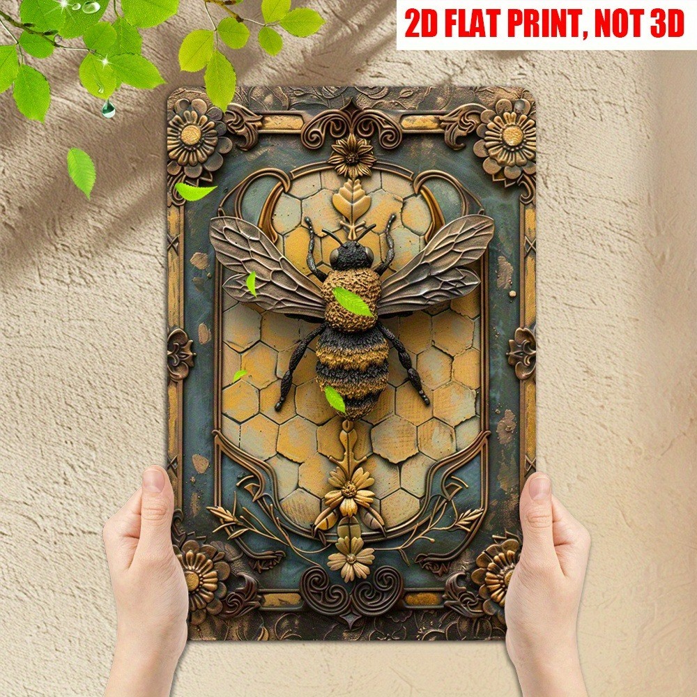 Tin Sign Vintage Bee Metal Wall Art Ornate Floral Honeybee Decor