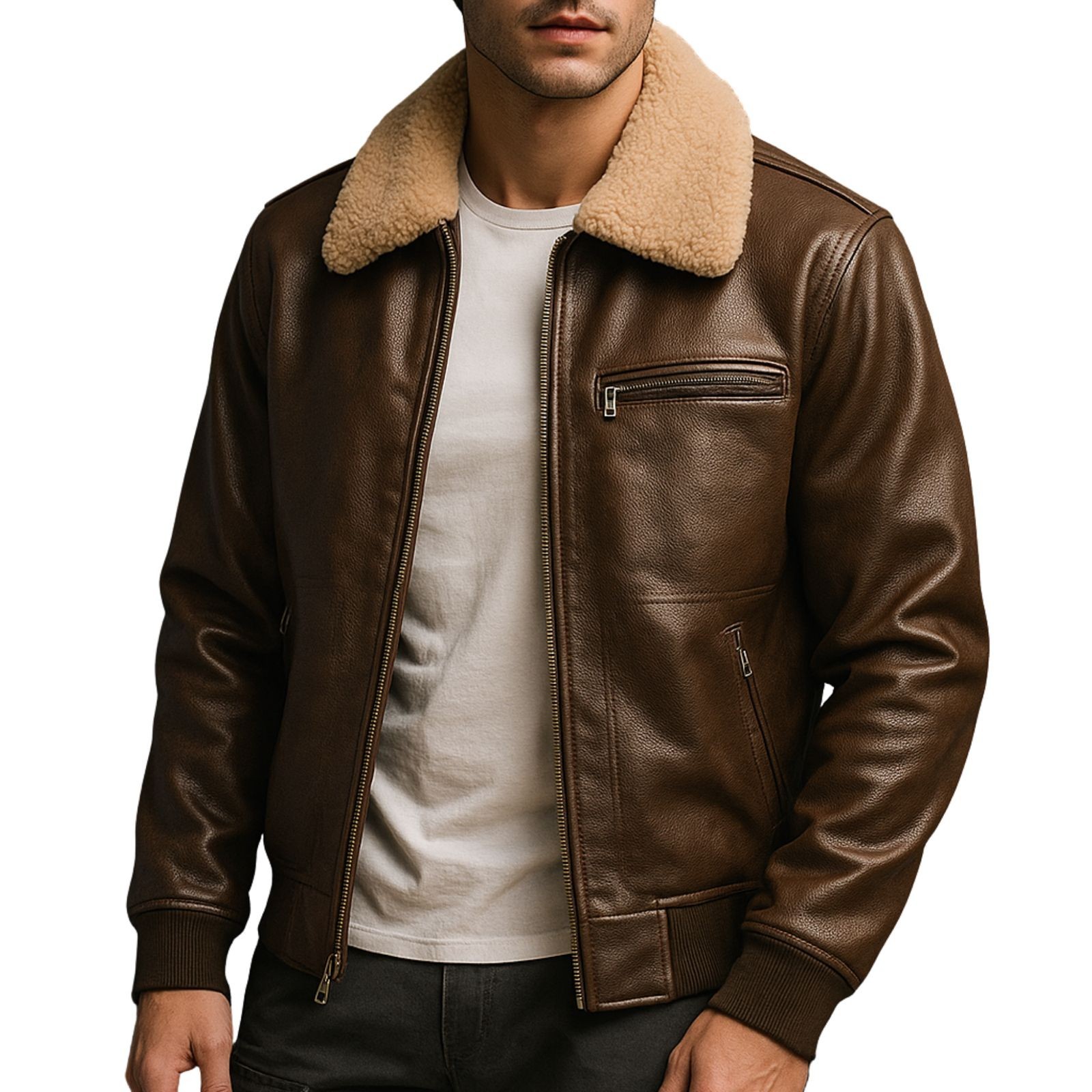 Chaqueta de bombardero de cuero genuino para hombre cuello de oveja invierno piloto abrigo de aviador