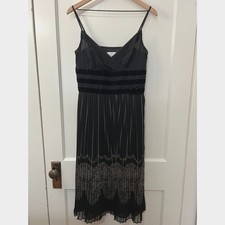 Ann Taylor LOFT Black Spaghetti Strap Dress Pleated with Velvet Detail Women's 6