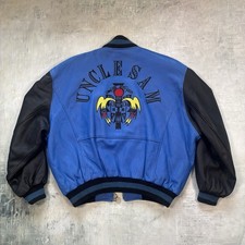 Uncle Sam Lederjacke Blau Schwarz S/M Bomber Varsity Indian Rückenpatch Vintage