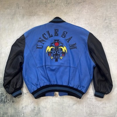 Uncle Sam Lederjacke Blau Schwarz S/M Bomber Varsity Indian Rückenpatch Vintage