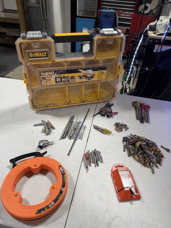 Assortment Of Milwaukee Chucks,chucks,bits,drill&paddle Bits,dewalt case Etc