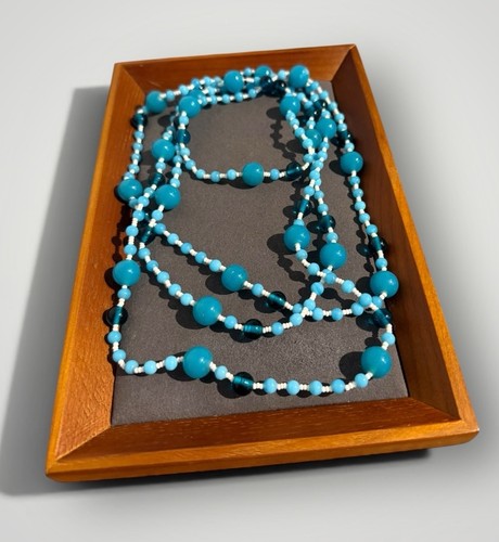 Long Vintage Necklace Blue & White Glass Beads Flapper Style Costume Jewellery