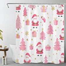 Funny Pink Christmas Shower Curtain with Hooks, Cute Pink Christmas Tree and ...