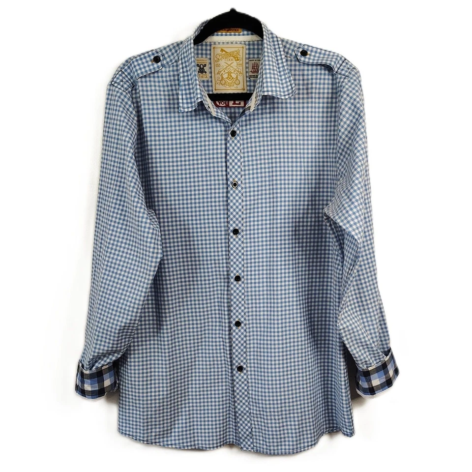 SOVEREIGN CODE Plaid Button Down Shirt Large Men's Blue White Long Sleeve Woven - Image 2 of 4