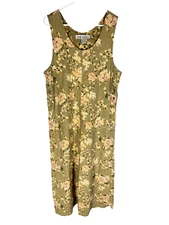 Jane Ashley Dress M Green Floral Linen Blend Cottagecore Romantic Y2K Boho VTG