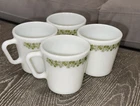 Vintage Green Flowers Spring Blossom By PYREX 4 White Mugs 3 1/2"