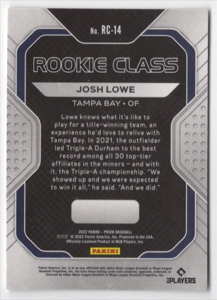2022 Panini Prizm Rookie Class Josh Lowe Tampa Bay Rays #RC-14 C - Image 2 of 2