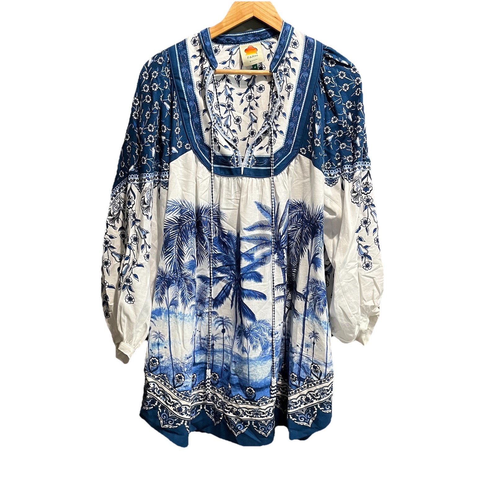 Farm Rio Blue White Floral Graphic Long Sleeve Women's Boho Dress Size Medium